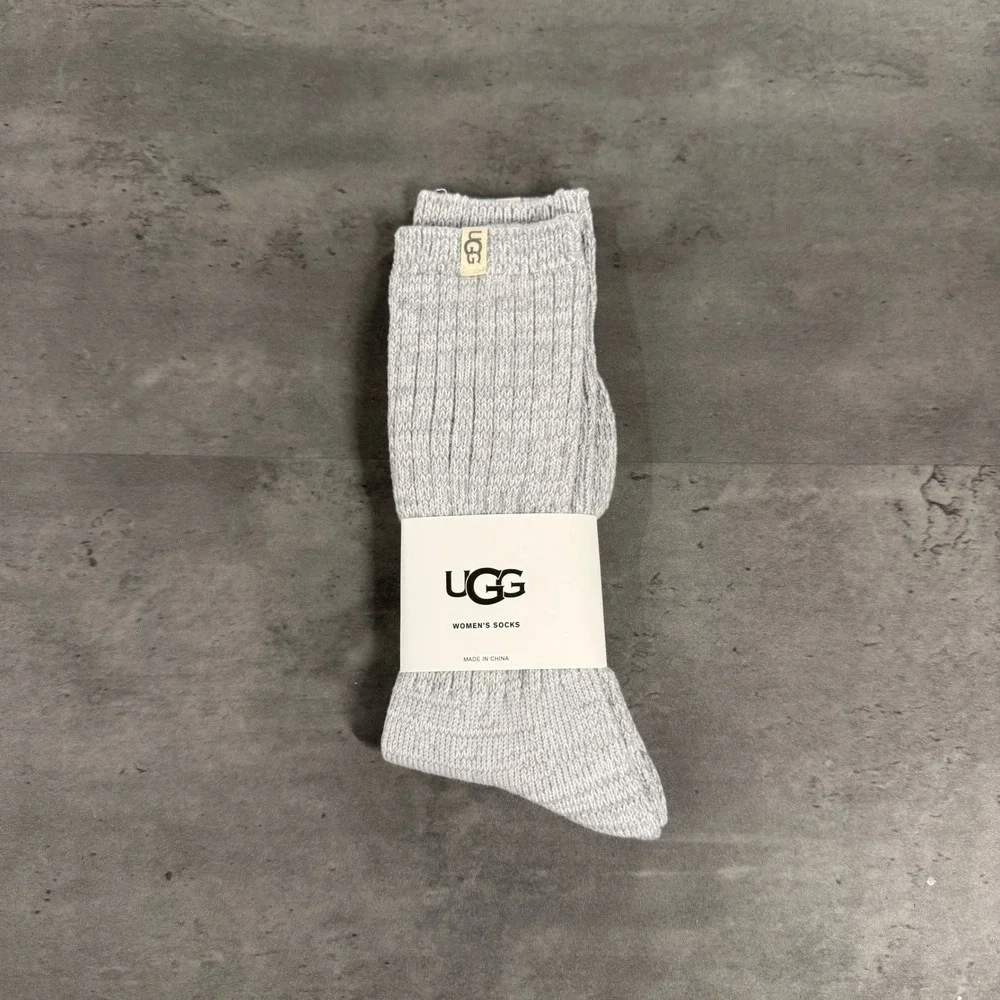 UGG Socks Womens Ribbed Knit Light Gray Marled Calf Crew NEW